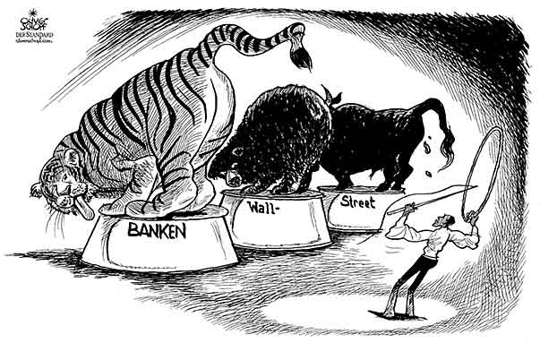  Oliver Schopf, politischer Karikaturist aus Österreich, politische Karikaturen, Illustrationen Archiv politische Karikatur 2009 Banken als tiger wallstreeet als bulle und bär von us-präsidenten präsidenten der usa barack obama in schach gehalten, wall street, banken, zirkus, dompteuer, tiger, baer, bulle



