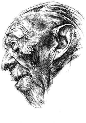 Oliver Schopf, editorial cartoons from Austria, cartoonist from Austria, Austrian illustrations, illustrator from Austria, editorial cartoon portraits politics: konrad adenauer, drawing, portrait, politician, statesman, chancellor, west germany, federal republic of germany
