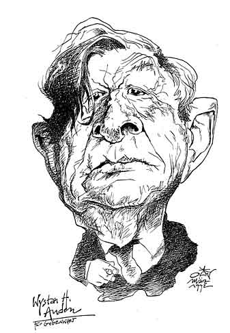 Oliver Schopf, editorial cartoons from Austria, cartoonist from Austria, Austrian illustrations, illustrator from Austria, editorial cartoon portrait literature wystan h. auden, drawing, portrait, anglo-american poet, poems, lyrics, professor, oxford



