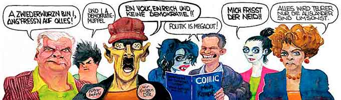 Oliver Schopf, editorial cartoons from Austria, cartoonist from Austria, Austrian illustrations, illustrator from Austria, editorial cartoon portrait characters: fast food, water colour, portrait, fat, eat, thick, paunch, greed  
