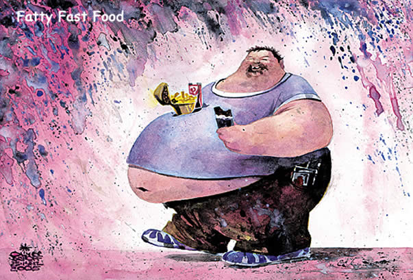 Oliver Schopf, politischer Karikaturist aus Österreich, politische Karikaturen aus Österreich, Karikatur Illustrationen Porträt Typen:
fast food, aquarell, portraet, dick, essen, fett, blad, bauch, Adipositas

