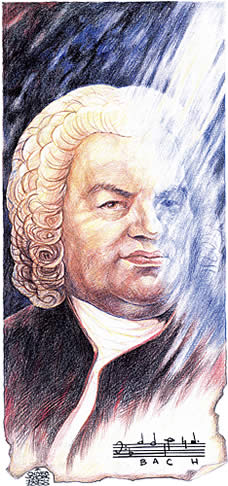 Oliver Schopf, editorial cartoons from Austria, cartoonist from Austria, Austrian illustrations, illustrator from Austria, editorial cartoon portrait art: johann sebastian bach, drawing, coloured pencil, portrait, musician, composer, organist, baroque, cantor of thomasschule


