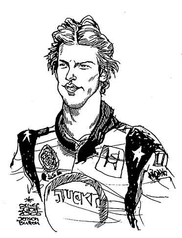 Oliver Schopf, editorial cartoons from Austria, cartoonist from Austria, Austrian illustrations, illustrator from Austria, editorial cartoon portraits sports: jenson button, drawing, portrait, formula one, race car driver




