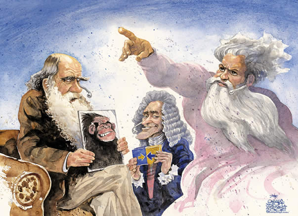 Oliver Schopf, editorial cartoons from Austria, cartoonist from Austria, Austrian illustrations, illustrator from Austria, editorial cartoon portraits politics: charles darwin scientist evolutionary theorie versus creationism, the creation-evolution controversy
