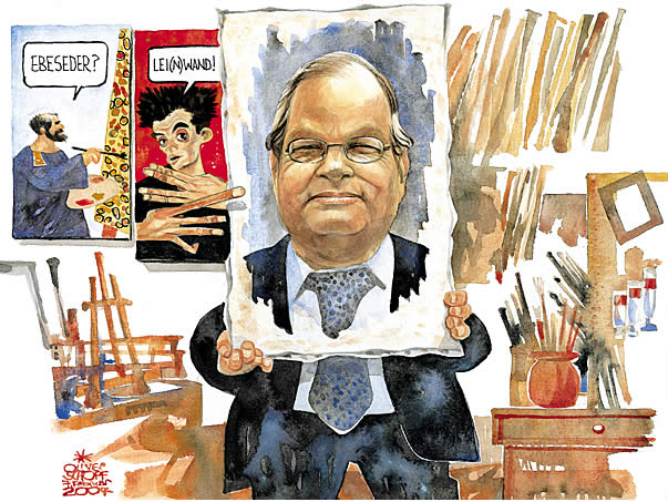 Oliver Schopf, editorial cartoons from Austria, cartoonist from Austria, Austrian illustrations, illustrator from Austria, editorial cartoon portrait art: ebeseder, harald nepp, water colour, painting,  utensils, klimt, schiele, brush, canvas, easel 


