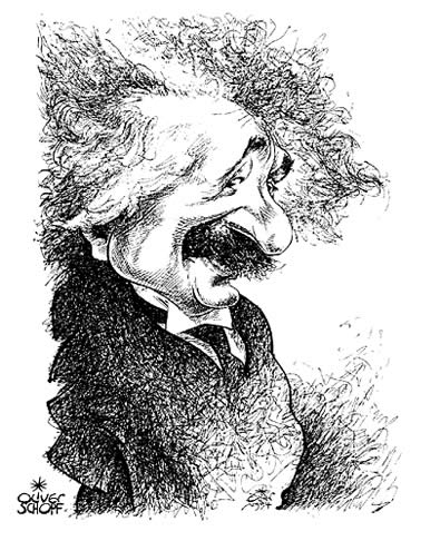Oliver Schopf, editorial cartoons from Austria, cartoonist from Austria, Austrian illustrations, illustrator from Austria, editorial cartoon portraits science: albert einstein, drawing, portrait, scientist, theoretical physicist, theory of relativity, mass-energy equivalence
