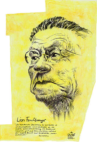 Oliver Schopf, editorial cartoons from Austria, cartoonist from Austria, Austrian illustrations, illustrator from Austria, editorial cartoon portrait literature lion feuchtwanger, drawing, portrait, german novelist, playwright, jew suess, the josephus trilogy, goya
