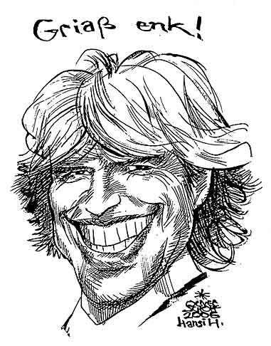 Oliver Schopf, editorial cartoons from Austria, cartoonist from Austria, Austrian illustrations, illustrator from Austria, editorial cartoon portraits sports: hansi hinterseer, drawing, portrait, alpine skier, giant slalom, world cup, singer, entertainer, romantic and heimat genre


