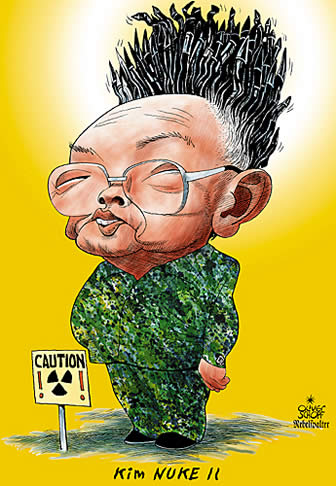 Oliver Schopf, editorial cartoons from Austria, cartoonist from Austria, Austrian illustrations, illustrator from Austria, editorial cartoon portraits politics: kim yong-il, drawing, caricature, north korea, premier, leader, politician, nuke, nuclear weapons
