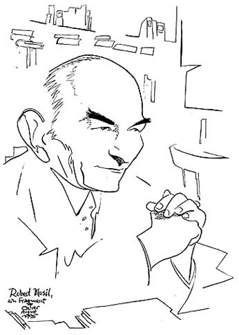 Oliver Schopf, politischer Karikaturist aus Österreich, politische Karikaturen aus Österreich, Karikatur Illustrationen Porträt Literatur Zeitschrift Gegenwart: robert musil, zeichnung, portraet, oesterreichischer schriftsteller, theaterkritiker, der mann ohne eigenschaften, fragment


