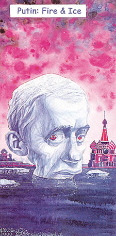 Oliver Schopf, editorial cartoons from Austria, cartoonist from Austria, Austrian illustrations, illustrator from Austria, editorial cartoon portraits politics: vladimir putin, portrait, russia, statesman, politician, president, prime minister, watercolour, fire, ice
