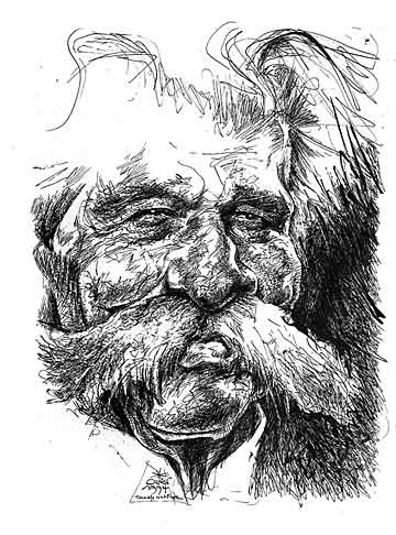 Oliver Schopf, editorial cartoons from Austria, cartoonist from Austria, Austrian illustrations, illustrator from Austria, editorial cartoon portraits politics: albert schweitzer, drawing, portrait, theologian, philosopher, physician, organ musician, ethic, nobel peace prize
