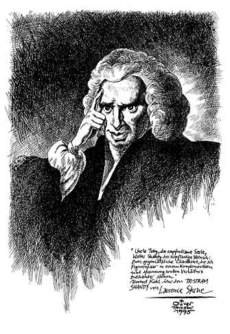 Oliver Schopf, politischer Karikaturist aus Österreich, politische Karikaturen aus Österreich, Karikatur Illustrationen Porträt Literatur Zeitschrift Gegenwart: laurence sterne, zeichnung, portraet, england, schriftsteller, tristram shandy, humorist

