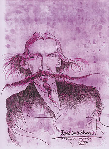 Oliver Schopf, politischer Karikaturist aus Österreich, politische Karikaturen aus Österreich, Karikatur Illustrationen Porträt Literatur Zeitschrift Gegenwart: robert louis stevenson, zeichnung, portraet, schottischer schriftsteller, reise, erzaehlungen, schatzinsel, der seltsame fall des dr.jekyll und mr. hyde
