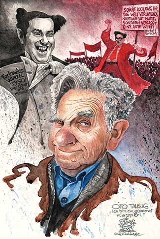 Oliver Schopf, editorial cartoons from Austria, cartoonist from Austria, Austrian illustrations, illustrator from Austria, editorial cartoon portrait 2011: Tausig otto actor colour Vienna theatre 
