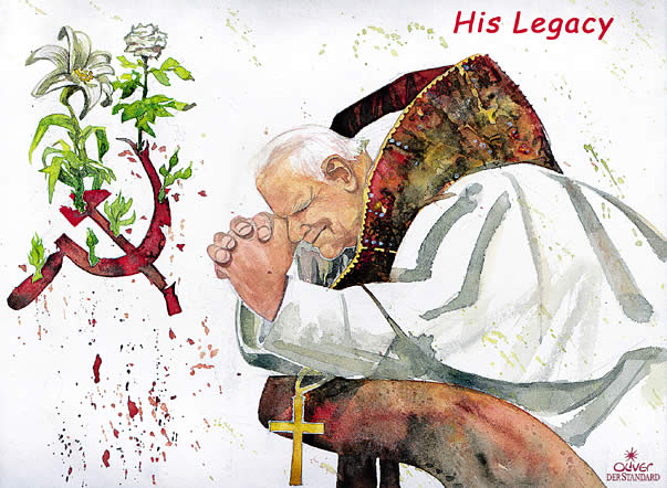 Oliver Schopf, politischer Karikaturist aus Österreich, politische Karikaturen aus Österreich, Karikatur Illustrationen Porträts Religion, Philosophie: papst johannes paul II, portraet, aquarell, kommunismus, beten


