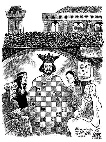 Oliver Schopf, editorial cartoons from Austria, cartoonist from Austria, Austrian illustrations, illustrator from Austria, editorial cartoon chess history: alfonso x, the wise (el sabio), king, castile, león, Galicia, chess, book of games, libro de los juegos

