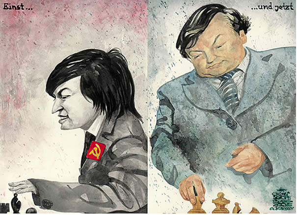 Oliver Schopf, politischer Karikaturist aus Österreich, politische Karikaturen aus Österreich, Karikatur Illustrationen Schach: Anatoli Karpov.
