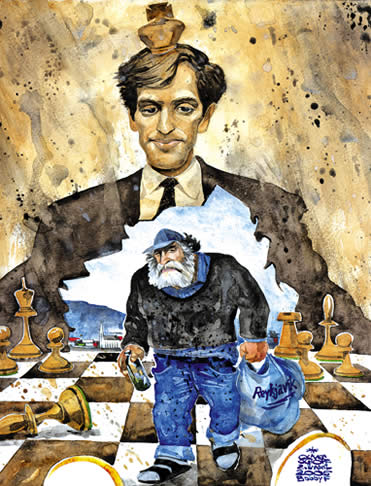 Oliver Schopf, politischer Karikaturist aus Österreich, politische Karikaturen aus Österreich, Karikatur Illustrationen Schach: 2005: Island gewährt dem früheren Schachweltmeister Bobby Fischer Asyl und Staatsbürgerschaft, um ihn vor einer
Auslieferung an die USA zu bewahren. Nach 33 Jahren kehrt der Champ in das Land seines größten Triumphes zurück.