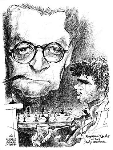 Oliver Schopf, editorial cartoons from Austria, cartoonist from Austria, Austrian illustrations, illustrator from Austria, editorial cartoon chess literature: raymond chandler, drawing, portrait, literature, crime writer, autor, chess, Philip marlowe