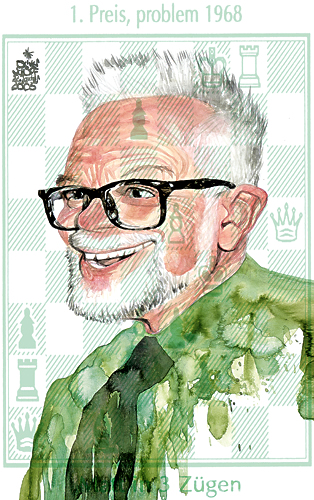 Oliver Schopf, editorial cartoons from Austria, cartoonist from Austria, Austrian illustrations, illustrator from Austria, editorial cartoon chess problem composers: Friedrich Chlubna, outstanding Austrian composer of chess problems.