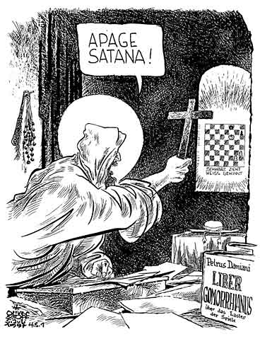 Oliver Schopf, editorial cartoons from Austria, cartoonist from Austria, Austrian illustrations, illustrator from Austria, editorial cartoon chess history: peter damian, monk, cardinal, reforms, liber gomorrhianus, games, vice, chess 