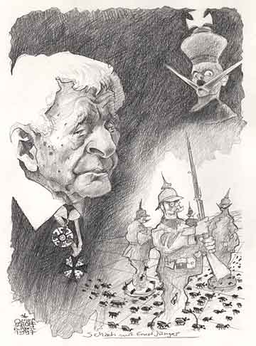 Oliver Schopf, editorial cartoons from Austria, cartoonist from Austria, Austrian illustrations, illustrator from Austria, editorial cartoon chess literature: ernst jünger, juenger, drawing, portrait, chess, german writer, militarist, novelist, philosopher, storm of steel, entomology