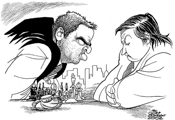 Oliver Schopf, editorial cartoons from Austria, cartoonist from Austria, Austrian illustrations, illustrator from Austria, editorial cartoon chess 	
All time arch-enemies Garry Kasparov and Anatoli Karpov.
 