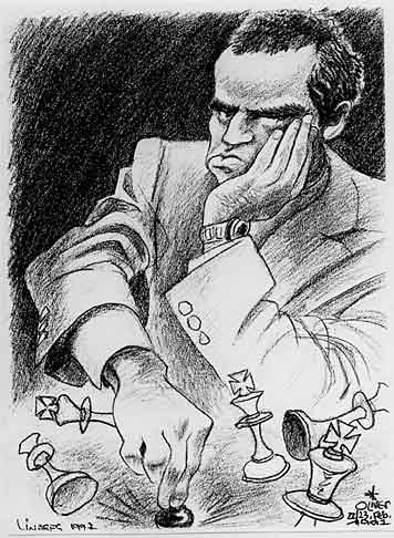 Oliver Schopf, editorial cartoons from Austria, cartoonist from Austria, Austrian illustrations, illustrator from Austria, editorial cartoon chess: 1997: garry kasparov, chess, linares, spain, 1997, tournament  