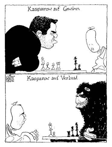 Oliver Schopf, editorial cartoons from Austria, cartoonist from Austria, Austrian illustrations, illustrator from Austria, editorial cartoon chess: garry kasparov, monster, chess, computer, win, loss