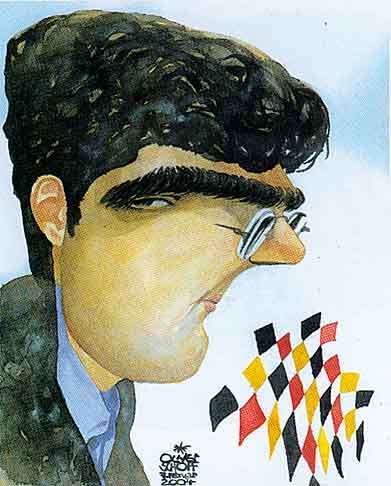 Oliver Schopf, editorial cartoons from Austria, cartoonist from Austria, Austrian illustrations, illustrator from Austria, editorial cartoon chess 2004: vladimir kramnik, chess, world chess champion, 
portrait, caricature, water colour  
