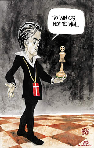 Oliver Schopf, politischer Karikaturist aus Österreich, politische Karikaturen aus Österreich, Karikatur Illustrationen Schach:  	
Bent Larsen, dänischer Großmeister, oftmals auch als Dänischer Prinz bezeichnet.