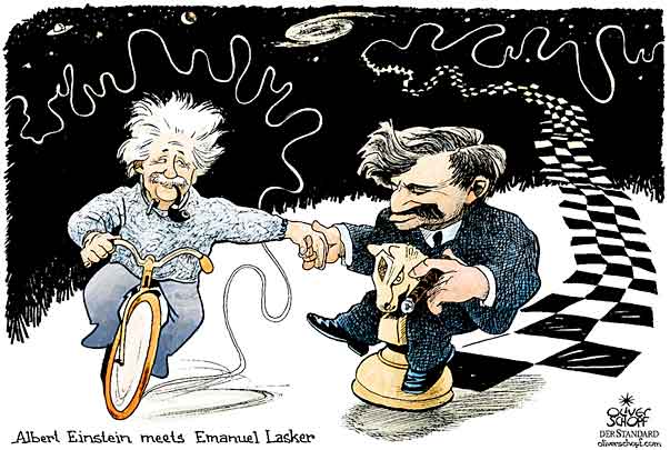 Oliver Schopf, editorial cartoons from Austria, cartoonist from Austria, Austrian illustrations, illustrator from Austria, editorial cartoon chess worldchampions, Grandmasters and Masters: emanuel lasker, albert einstein, chess, friendschip, 
universe, bicycle, riding  

 