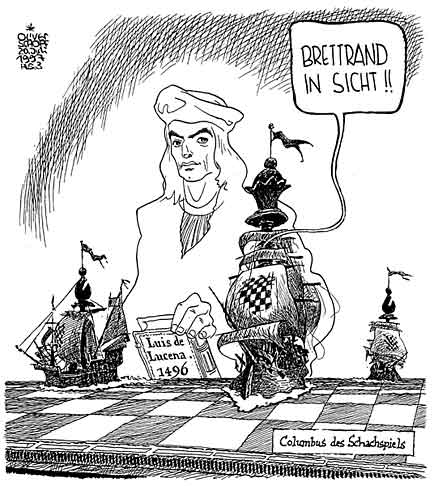 Oliver Schopf, editorial cartoons from Austria, cartoonist from Austria, Austrian illustrations, illustrator from Austria, editorial cartoon chess history: luis ramirez de lucena, chess book, repetición de amores y arte de ajedrez, modern chess, bishop, queen,  
