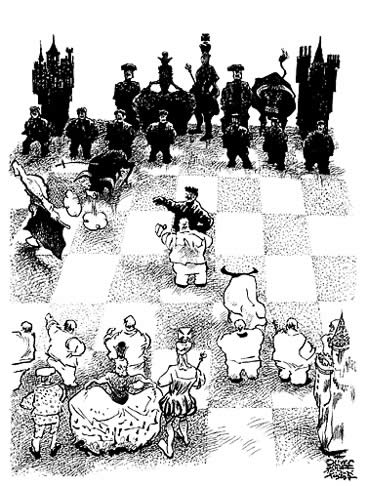 Oliver Schopf, editorial cartoons from Austria, cartoonist from Austria, Austrian illustrations, illustrator from Austria, editorial cartoon chess 	
The Spanish Opening, also called “The Ruy Lopez