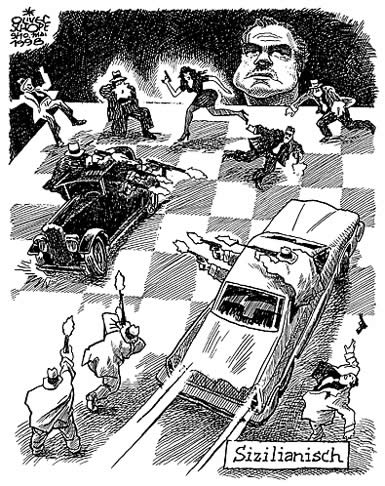 Oliver Schopf, politischer Karikaturist aus Österreich, politische Karikaturen aus Österreich, Karikatur Illustrationen Schach:  	
Die Sizilianische Verteidigung.