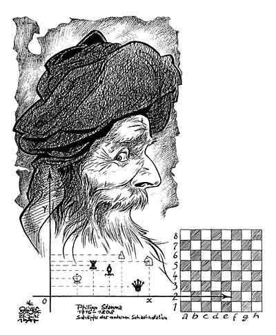 Oliver Schopf, editorial cartoons from Austria, cartoonist from Austria, Austrian illustrations, illustrator from Austria, editorial cartoon chess history: philipp stamma, chess master, Aleppo, chess book, essai sur le jeu des échecs, algebraic chess notation


