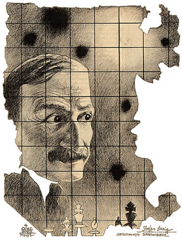 Oliver Schopf, editorial cartoons from Austria, cartoonist from Austria, Austrian illustrations, illustrator from Austria, editorial cartoon chess literature: stefan zweig, drawing, portrait, literature, autor, writer, the royal game 