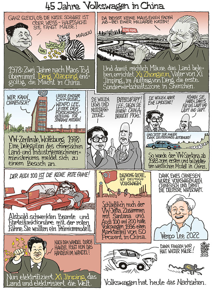 Oliver Schopf, politischer Karikaturist aus Österreich, politische Karikaturen aus Österreich, Karikatur Illustrationen Comic Bildergeschichte 2023: VOLKSWAGEN WOLFSBURG ZENTRALE WENPO LEE CHINA GESCHÄFT DENG XIAOPING XI ZHONGXUN XI JINPING VW SANTANA AUDI 100 VW JETTA KATZE MÄUSE CHINA MEIN VATER UND ICH FELIX LEE














