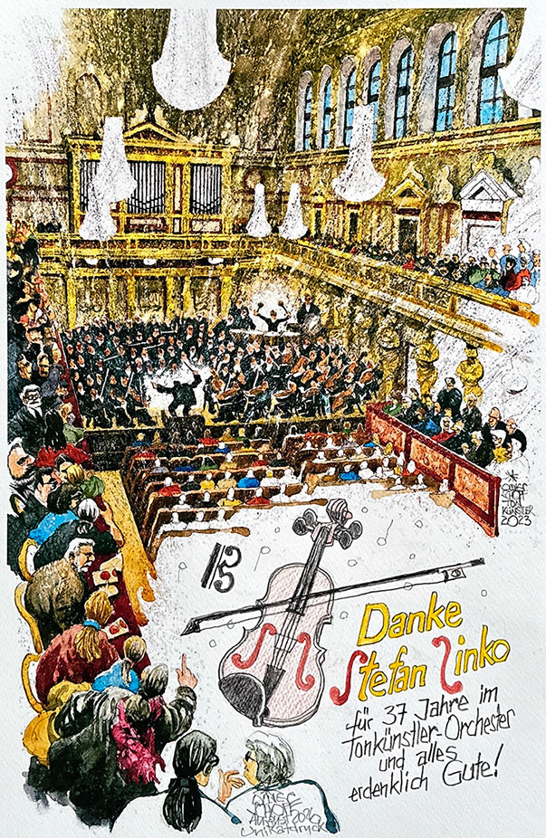 Oliver Schopf, politischer Karikaturist aus Österreich, politische Karikaturen aus Österreich, Karikatur Cartoon Illustrationen Artwork Tonkünstler Orchester Niederösterreich Cartoon Movement, @oliverschopf.bsky.social 2026: STEFAN SINKO BRATSCHIST VIOLA VERABSCHIEDUNG PENSION  

