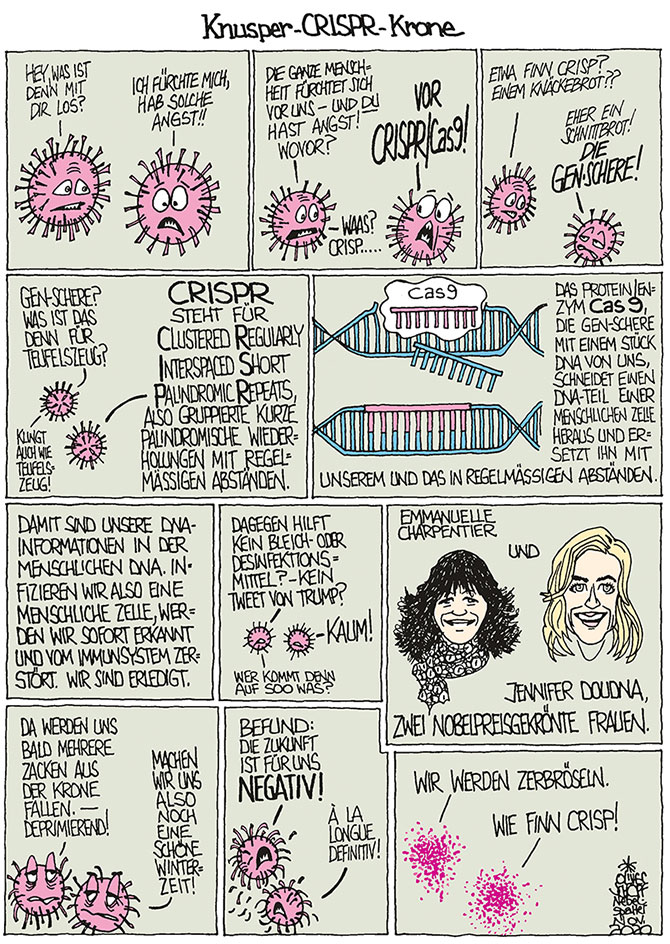 Oliver Schopf, politischer Karikaturist aus Österreich, politische Karikaturen aus Österreich, Karikatur Cartoon Illustrationen Politik Politiker international Nebelspalter Schweizer Satiremagazin 2020: GENTECHNIK CRISPR CAS9 GEN-SCHERE CORONAVIRUS KRISE SARS-CoV-2 COVIS-19 DNA IMMUNSYSTEM EMMANUELLE CHARPENTIER JENNIFER DOUDNA NOBELPREIS CHEMIE GEKRÖNT KRONE FINN CRISP



