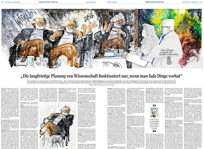 Oliver Schopf, politischer Karikaturist aus Österreich, politische Karikaturen aus Österreich, Karikatur Illustrationen Artwork Wissenschaft und Forschung 2019 DER STANDARD FORSCHUNG SPEZIAL QUANTENPHYSIK DOPPELSEITE ANTON ZEILINGER INTERVIEW




