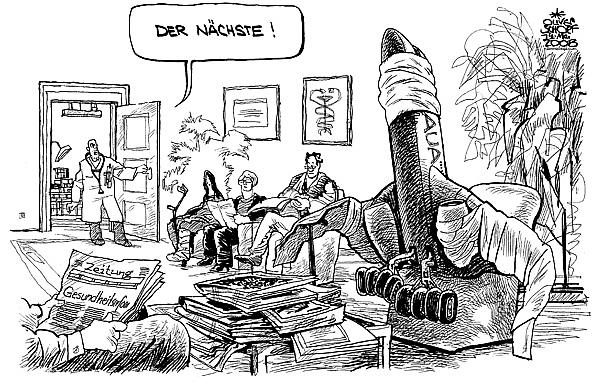 Oliver Schopf, editorial cartoons from Austria, cartoonist from Austria, Austrian illustrations, illustrator from Austria, editorial cartoon austria 2008: Austrian airlines, doctor, waiting room, health reform