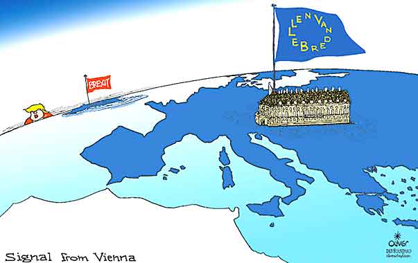 Oliver Schopf, editorial cartoons from Austria, cartoonist from Austria, Austrian illustrations, illustrator from Austria, editorial cartoon politics politician Austria 2015 PRESIDENT ELECT ALEXANDER VAN DER BELLEN SIGNAL VIENNA HOFBURG FLAG E.U. MAP BREXIT TRUMP





