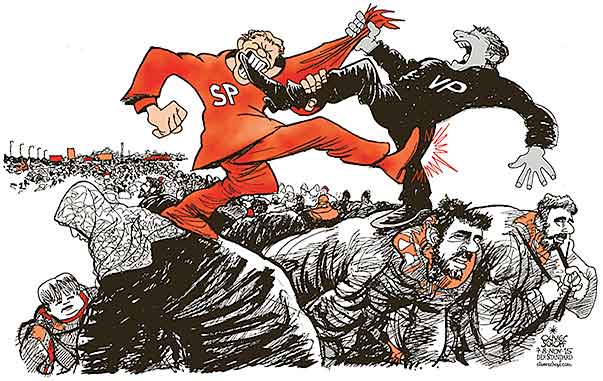 Oliver Schopf, editorial cartoons from Austria, cartoonist from Austria, Austrian illustrations, illustrator from Austria, editorial cartoon politics politician Austria 2015 AUSTRIA REFUGEES CRISIS GOVERNMENT COALITION SPÖ ÖVP BORDER FENCE SPIELBERG ON THE BACK MATCH FIGHT SOLUTION






