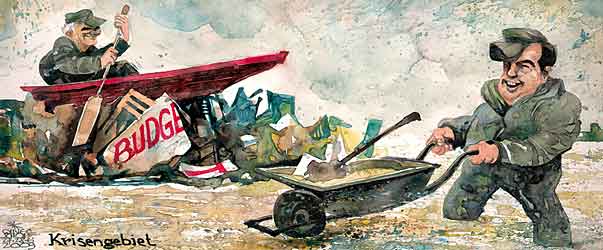 Oliver Schopf, editorial cartoons from Austria, cartoonist from Austria, Austrian illustrations, illustrator from Austria, editorial cartoon austria 2009: budget, flood, faymann, proell, trouble area, barge, mud, cleanup