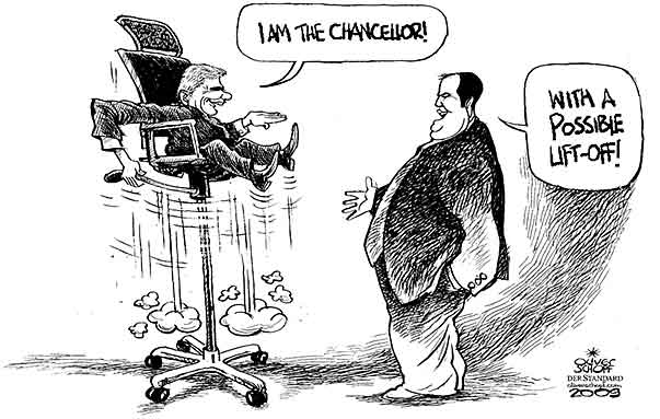 
Oliver Schopf, editorial cartoons from Austria, cartoonist from Austria, Austrian illustrations, illustrator from Austria, editorial cartoon
Europe austria 2009 chancellor, werner faymann on a chair i am the chancellor vice chancellor minister of financial affair  josef proell saying with a possible lift-off!

