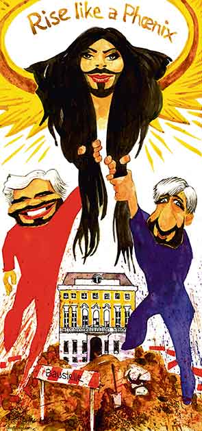 Oliver Schopf, editorial cartoons from Austria, cartoonist from Austria, Austrian illustrations, illustrator from Austria, editorial cartoon politics politician Austria 2014 CONCHITA WURST EUROVISION SONG CONTEST GOVERNMENT COALITION FAYMANN SPINDELEGGER CHANCELLOR VIENNA







