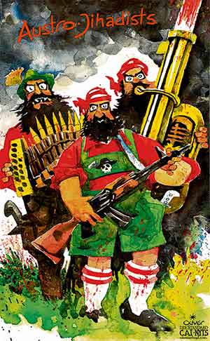 Oliver Schopf, editorial cartoons from Austria, cartoonist from Austria, Austrian illustrations, illustrator from Austria, editorial cartoon politics politician Austria 2014 JIHADISTS TERROR FOLK MUSIC TRADITIONAL COSTUME CAPTURE IRAK 








