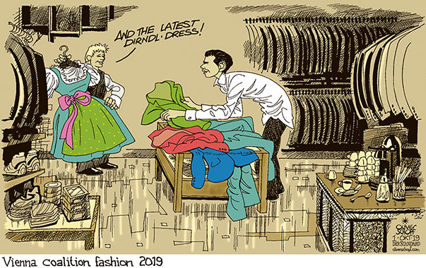 Oliver Schopf, editorial cartoons from Austria, cartoonist from Austria, Austrian illustrations, illustrator from Austria, editorial cartoon politics politician Austria 2019 ELECTIONS SEBASTIAN KURZ GOVERNMENT COALITION SPÖ FPÖ GREEN PARTY NEOS FASHION STORE SUITS DIRNDL DRESS GRANDITS MEN‘S FASHION   

